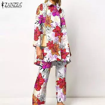 ZANZEA Наряды с цветочным принтом Женская блузка и брюки Повседневный комплект из двух предметов M розовый