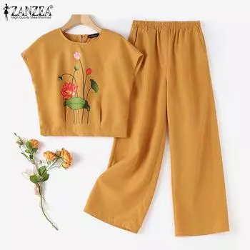 ZANZEA, наряды с цветочным принтом, женская блузка и брюки, повседневный брючный костюм из двух предметов