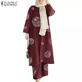 ZANZEA осенние наряды, женская блузка и брюки, повседневный брючный костюм из двух предметов