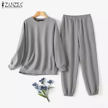 ZANZEA осенние наряды, женская блузка и брюки, повседневный брючный костюм из двух предметов