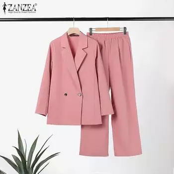 ZANZEA осенние наряды, женский пиджак и брюки, повседневный комплект из двух предметов, брючный костюм 3XL чёрный