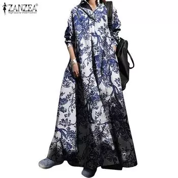 ZANZEA женское платье-макси свободного фасона с длинными рукавами и растительным принтом S белый