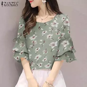 ZANZEA Повседневная женская блузка с цветочным принтом и круглым вырезом с половиной рукавом, летняя S чёрный