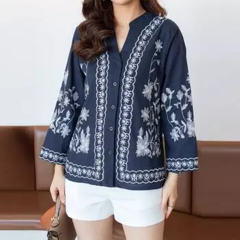 ZANZEA Повседневная женская блузка с V-образным вырезом и длинными рукавами с этническим принтом S тёмно-синий