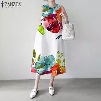 ZANZEA Повседневное летнее платье без рукавов с цветочным принтом и круглым вырезом 4XL красный