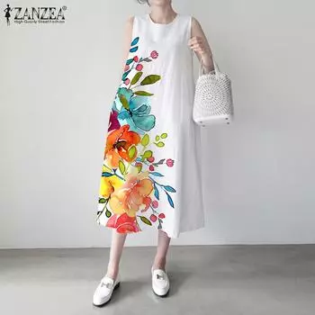 ZANZEA Повседневное летнее платье без рукавов с цветочным принтом и круглым вырезом S красный