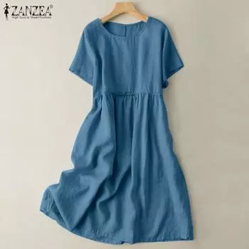 ZANZEA Повседневное летнее свободное хлопковое платье S синий