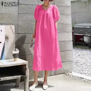 ZANZEA повседневное свободное летнее длинное платье с круглым вырезом и короткими рукавами
