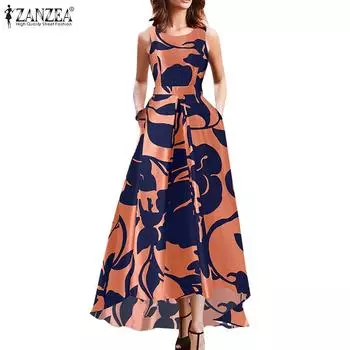 ZANZEA Повседневное женское длинное платье без рукавов с принтом и круглым вырезом