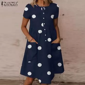 ZANZEA Повседневное женское летнее платье с короткими рукавами и круглым вырезом в горошек S тёмно-синий