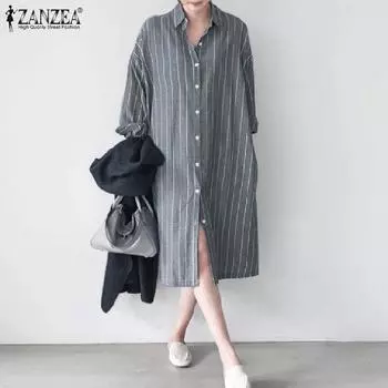 ZANZEA Повседневное женское платье-рубашка с отложным воротником и длинным рукавом в полоску с принтом L светло-синий