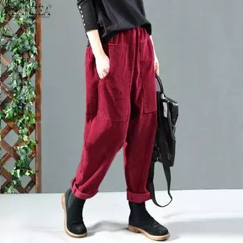 ZANZEA вельветовые брюки-бананы с поясом на резинке на весенне-осенний период S хаки