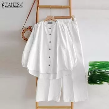 ZANZEA повседневные женские свободные блузки с v-образным вырезом и длинными рукавами на пуговицах, комплекты с широкими брюками M белый