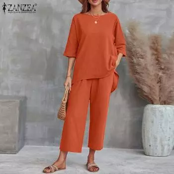 ZANZEA Повседневный хлопковый костюм из двух предметов