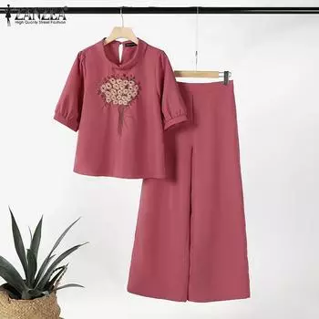 ZANZEA Повседневный комплект из двух предметов: блузка с короткими рукавами и брюки с цветочной вышивкой S розовый