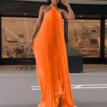 ZANZEA Праздничное пляжное повседневное платье с бретелью через шею и открытыми плечами без рукавов длинное платье S оранжевый