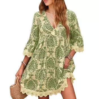 ZANZEA праздничное повседневное кружевное женское платье с V-образным вырезом и рукавом 3/4, свободное с принтом S зелёный