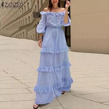 ZANZEA Праздничное повседневное платье с рукавами 3/4, свободное, с открытыми плечами, в полоску, длинное S розовый