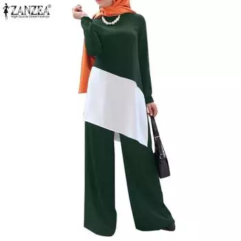 ZANZEA Ретро наряды, женская лоскутная блузка и брюки, повседневный комплект из двух предметов