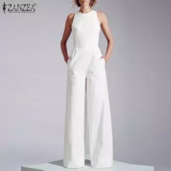 ZANZEA Rompers Женский длинный комбинезон Широкие брюки Элегантный повседневный комбинезон без рукавов 5XL чёрный