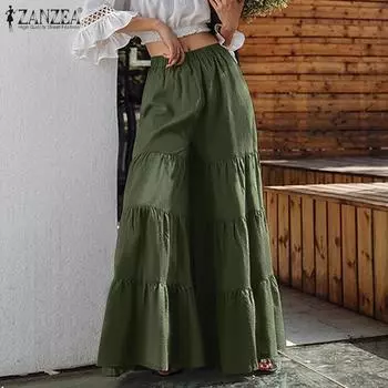 ZANZEA S-5XL женские эластичные плиссированные широкие брюки с высокой талией, повседневные свободные длинные брюки большого размера