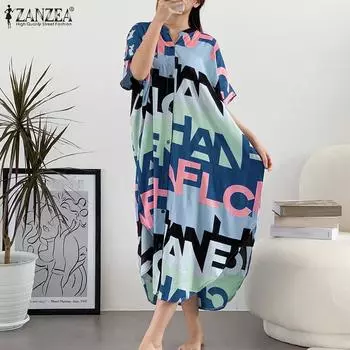 ZANZEA с принтом, праздничное свободное летнее женское длинное платье с короткими рукавами