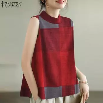 ZANZEA сетчатый принт повседневные майки без рукавов с круглым вырезом S красный