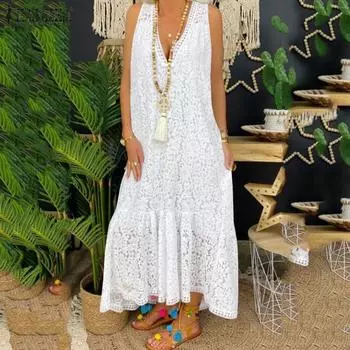 ZANZEA сексуальное женское летнее повседневное кружевное длинное платье без рукавов с v-образным вырезом