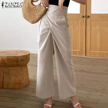 ZANZEA Сплошные летние повседневные хлопковые брюки с высокой талией