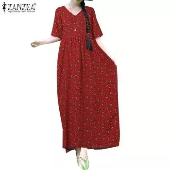 ZANZEA Summer Floral Print Casual Half Sleeve Long Dress S зелёный