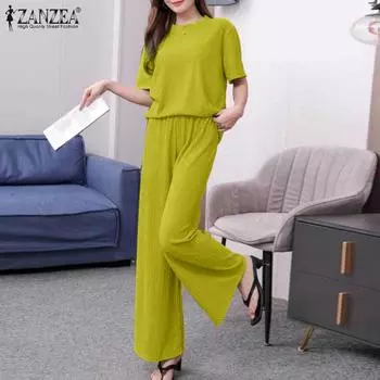 ZANZEA Summer Outfits Женская футболка и широкие брюки, комплект из двух предметов