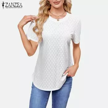 ZANZEA Summer Women O-Neck Short Sleeve Hollow Out Casual Loose Tops T-shirts S синий