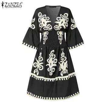 ZANZEA Summer Women V Neck 3/4 Sleeve Rumple Waist Floral Print Casual Loose Pleated Dress XL зелёный