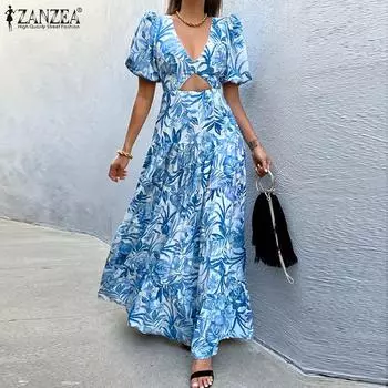 ZANZEA Summer Women V Neck Puff Sleeve Cutout Print Holiday Casual Pleated Maxi Dress XL синий
