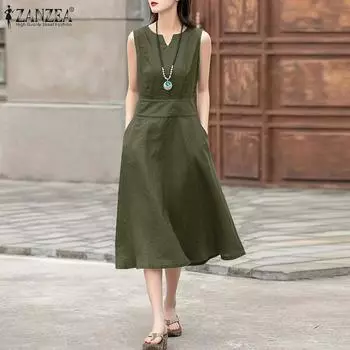 ZANZEA Свободное повседневное летнее хлопковое платье без рукавов с v-образным вырезом
