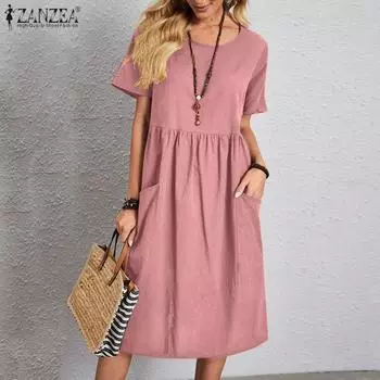 ZANZEA Свободное повседневное летнее хлопковое платье с круглым вырезом и короткими рукавами