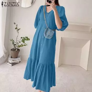 ZANZEA Свободное повседневное летнее платье с v-образным вырезом и половиной рукавов с оборками