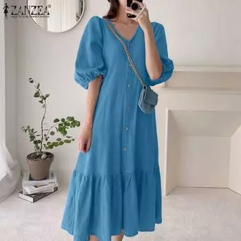 ZANZEA Свободное повседневное летнее платье с v-образным вырезом и половиной рукавов с оборками 5XL темно-синий