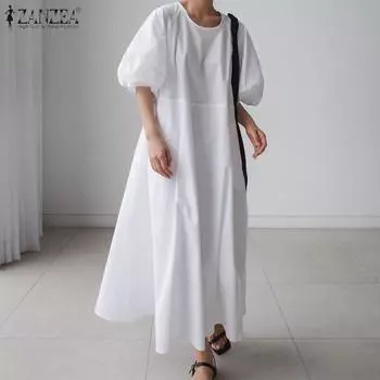 ZANZEA Свободное повседневное женское длинное платье с круглым вырезом и рукавами 3/4