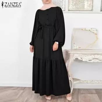 ZANZEA Свободное повседневное женское платье с круглым вырезом и длинными рукавами
