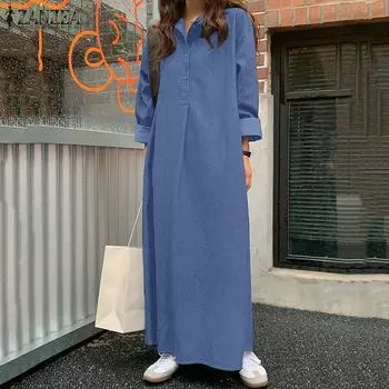 ZANZEA Весеннее повседневное женское платье-рубашка с отложным воротником и длинными рукавами