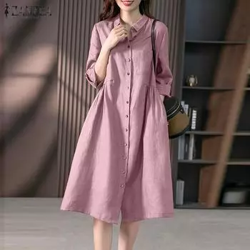 ZANZEA Весеннее повседневное женское платье с отложным воротником и длинными рукавами S розовый