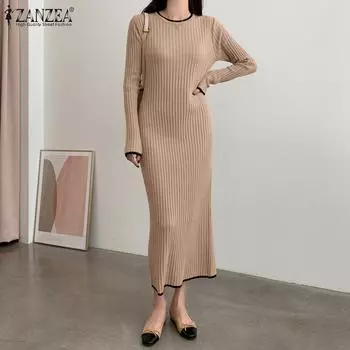 ZANZEA Весеннее повседневное женское тонкое платье с круглым вырезом и длинными рукавами