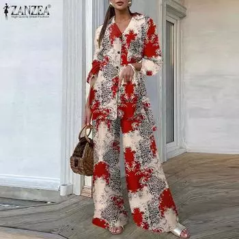 ZANZEA Весенние комплекты из 2 предметов, женская рубашка с длинным рукавом и длинные широкие брюки с эластичной резинкой и высокой талией, костюмы с принтом