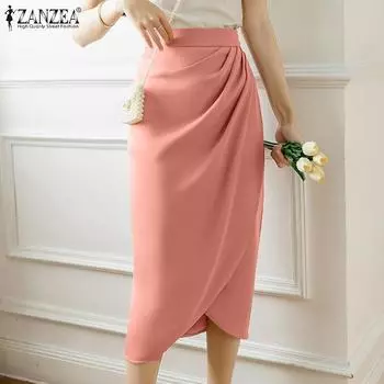 ZANZEA Весенние женские однотонные длинные юбки с неровным подолом S розовый