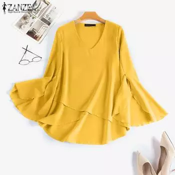 ZANZEA Весенняя женская блузка с расклешенными рукавами 3/4 и v-образным вырезом, повседневные топы с неровным подолом