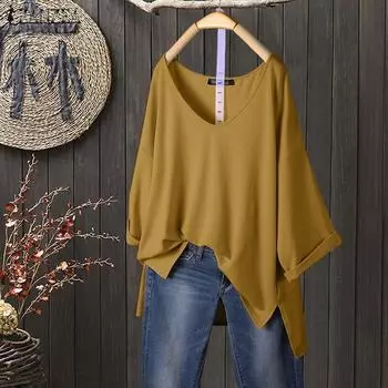 ZANZEA Весенняя женская свободная вязаная блузка с круглым вырезом и рукавом 3/4 Повседневная свободная пуловерная футболка L жёлтый