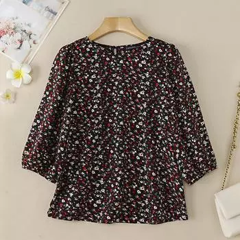 ZANZEA Vintage Floral Print Three Quarter Sleeve Loose Casual Blouses XL чёрный