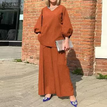 ZANZEA весенние женские комплекты из 2 предметов с v-образным вырезом и пышными рукавами, топы с эластичной резинкой на талии, длинные брюки S чёрный