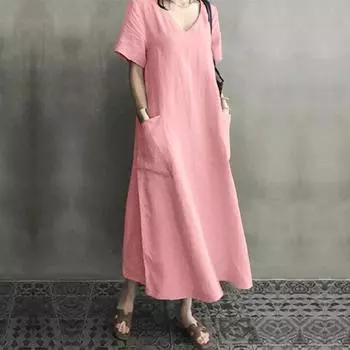 ZANZEA винтажное женское длинное вечернее платье с коротким рукавом и v-образным вырезом, свободный пляжный сарафан, Vestidos, большие размеры S бежевый